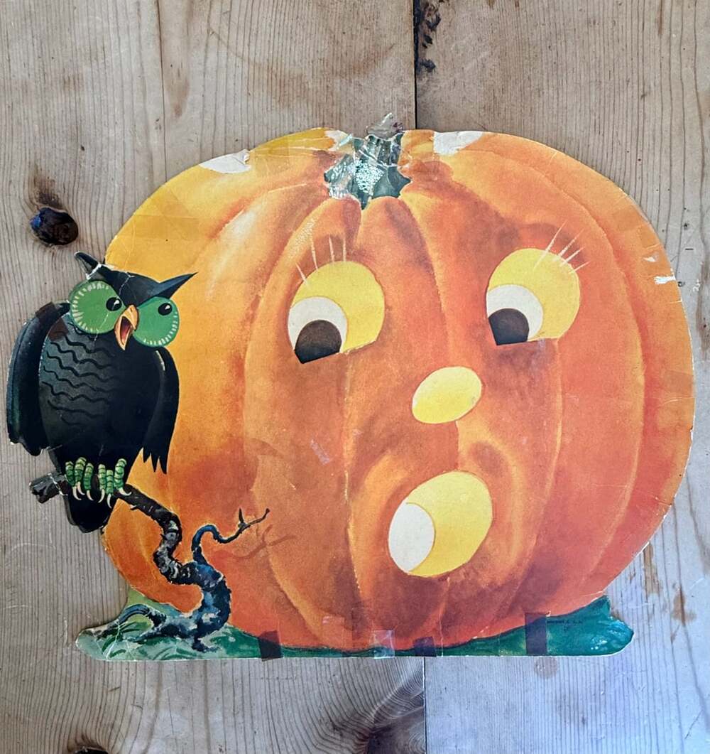 Vintage Dennison Halloween Pumpkin And Owl Die Cut Cardboard Decoration